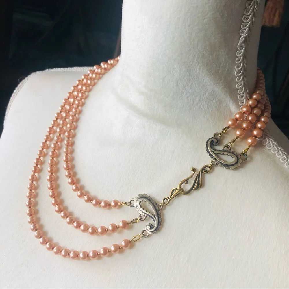 Handcrafted triple strand Czech glass Pearl paisley filigree clasp necklace